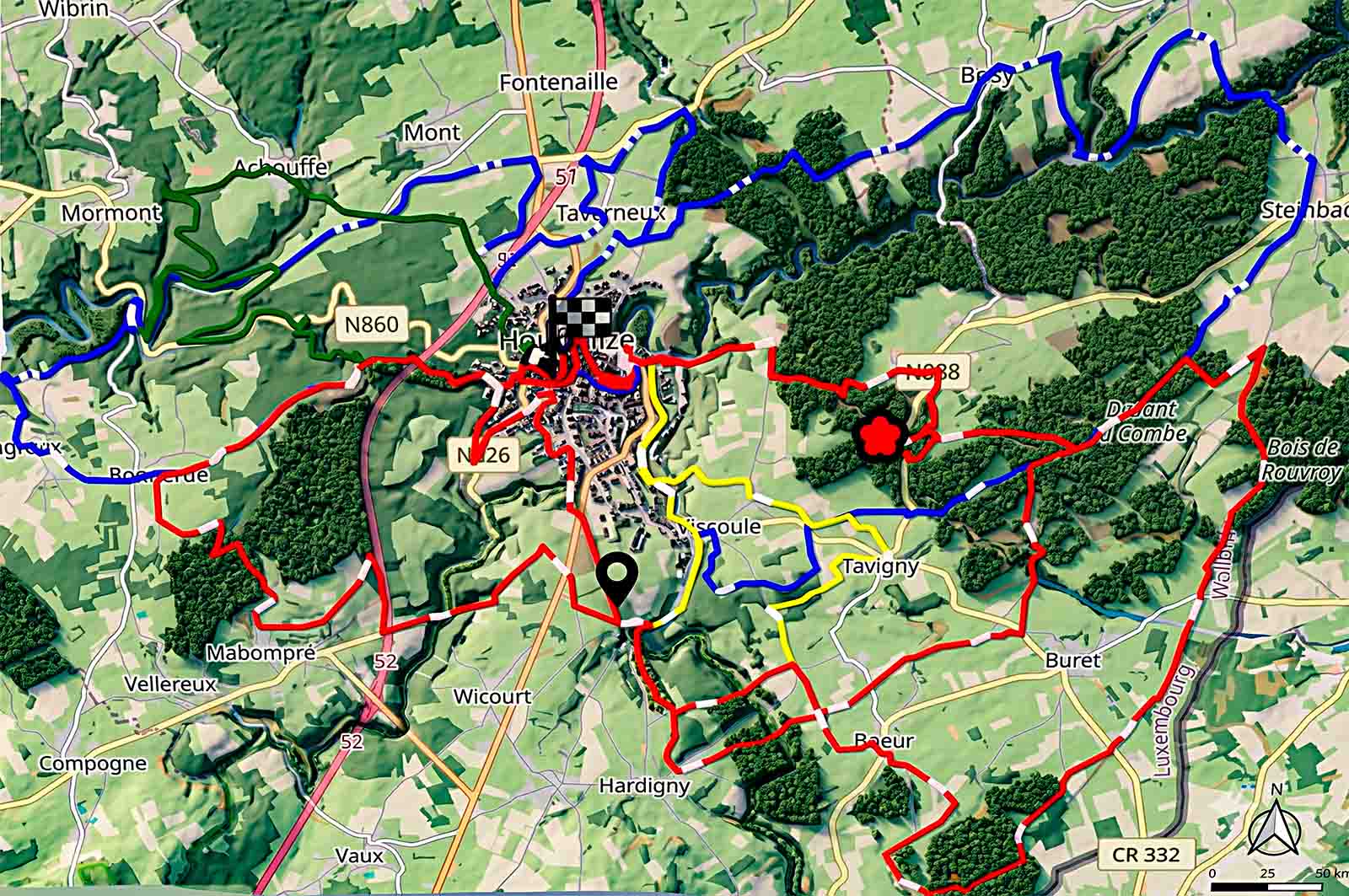 Kaart van de gekleurde mountainbikeroutes rond Houffalize
