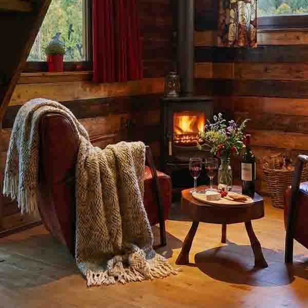Seating area Cabane with wood stove and glass of wine