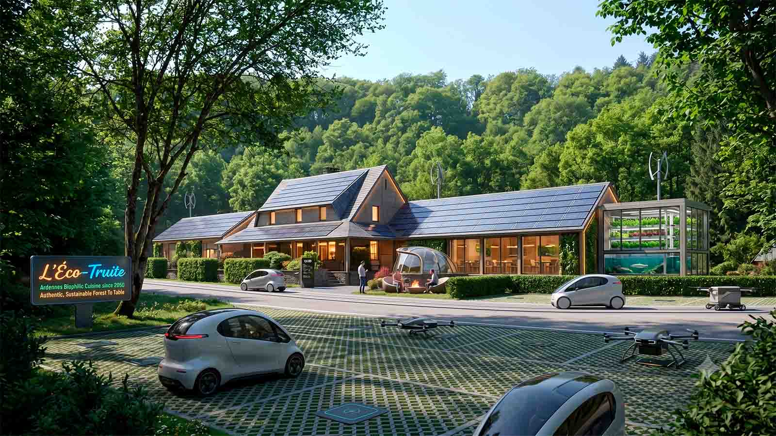 Fantasievoorstelling van La Truite d'Argent in het jaar 2050: houten restaurant met zonnepanelen, verticale moestuin, elektrische wagentjes en bezorgdrones